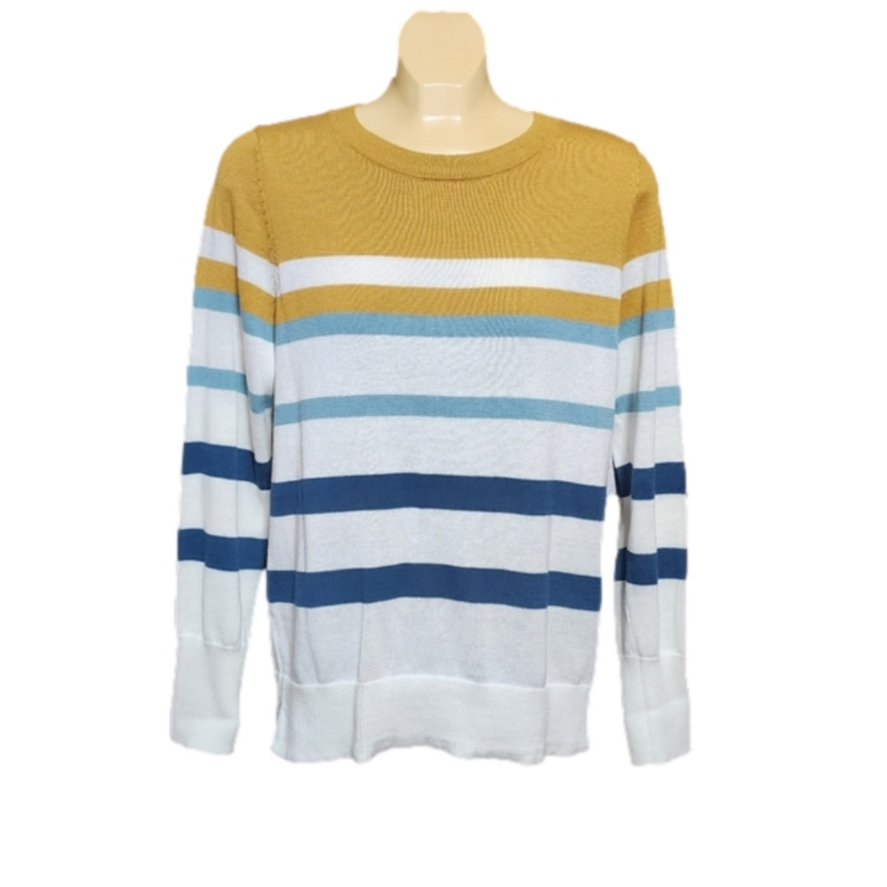 Time and Tru Women's Long Sleeve Striped Tee - Mustard and Blue